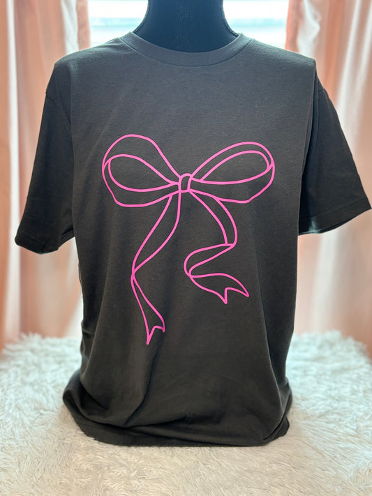 Charcoal heat press t-shirt with a pink bow design