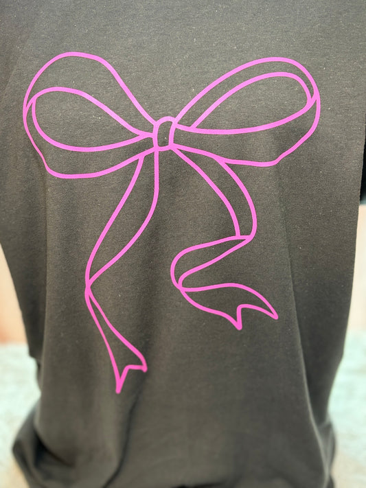 Charcoal heat press t-shirt with a pink bow design