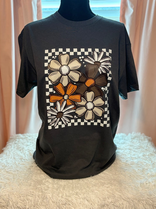 Charcoal t-shirt with heat pressed floral design - fall theme