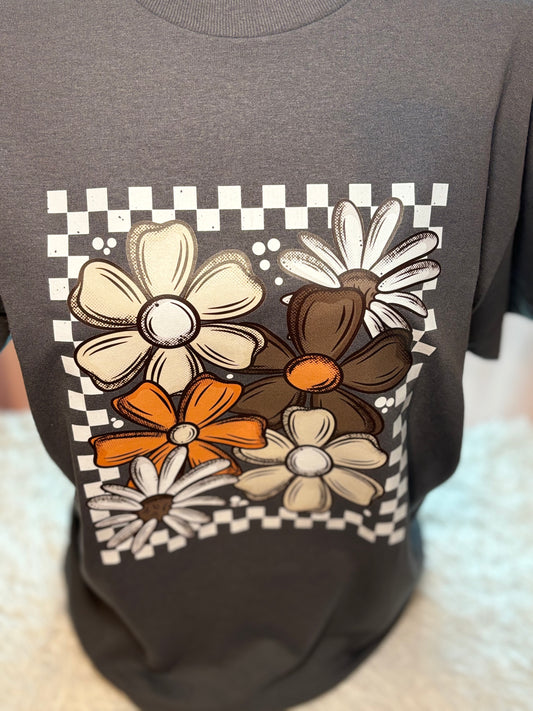Charcoal t-shirt with heat pressed floral design - fall theme