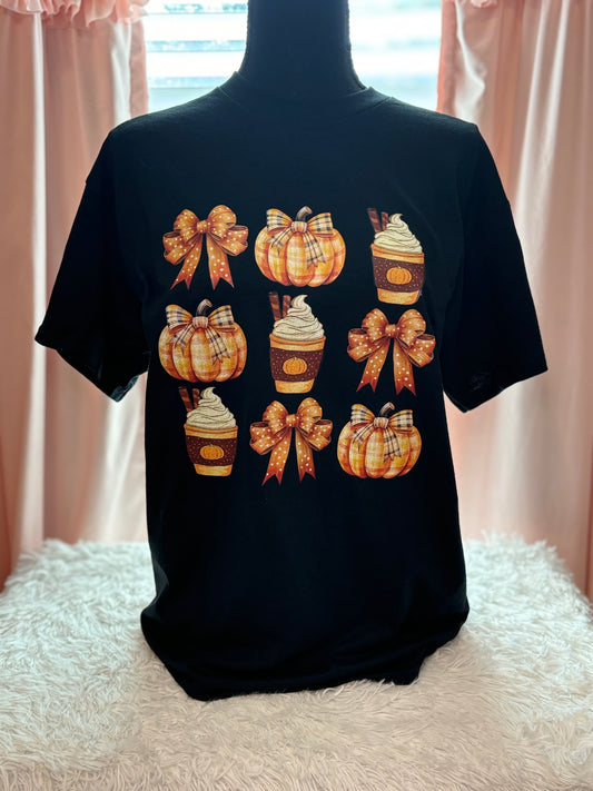 Black heat press t-shirt with glitter fall-themed graphics- Bows, pumpkin, latte