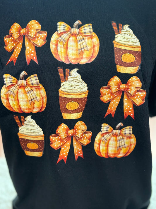 Black heat press t-shirt with glitter fall-themed graphics- Bows, pumpkin, latte