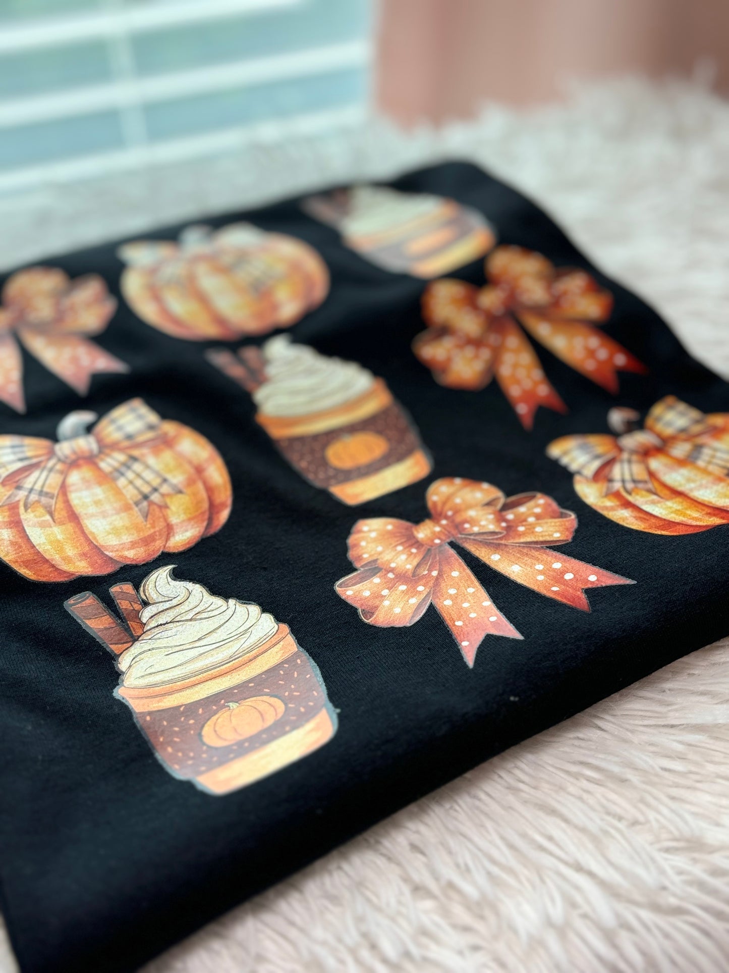 Black heat press t-shirt with glitter fall-themed graphics- Bows, pumpkin, latte