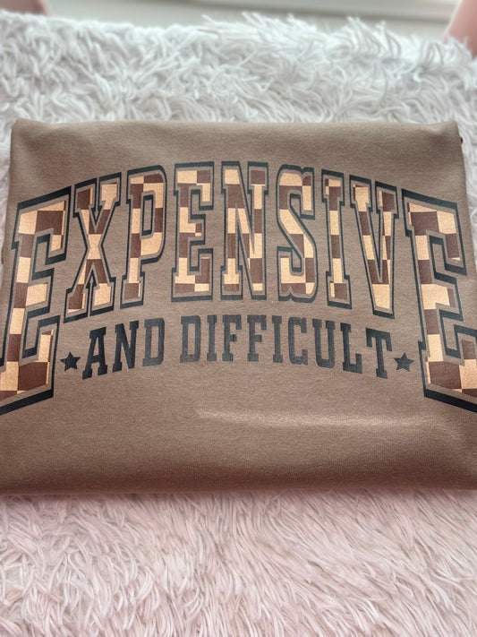 Brown heat press t-shirt with text 'EXPENSIVE AND DIFFICULT' - checkered