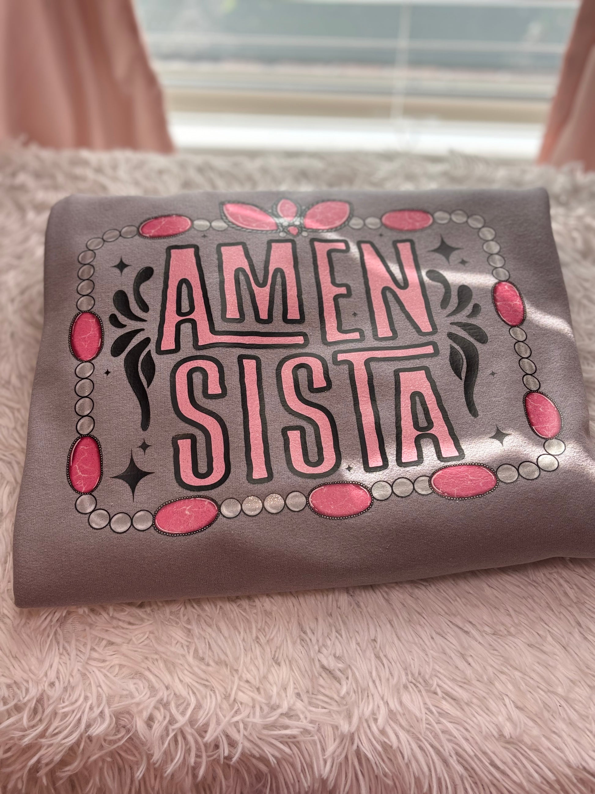 Gray sweatshirt with heat press glitter 'Amen Sista' text