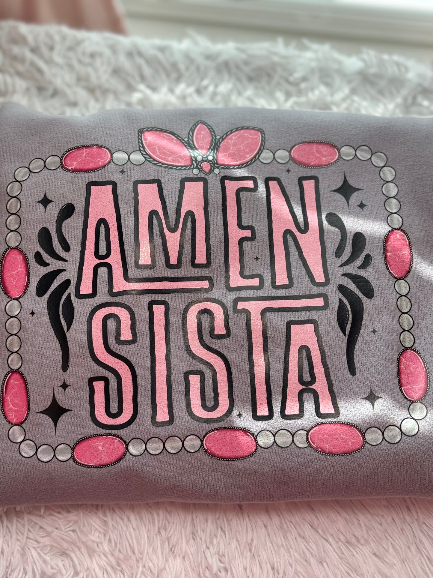 Gray sweatshirt with heat press glitter 'Amen Sista' text