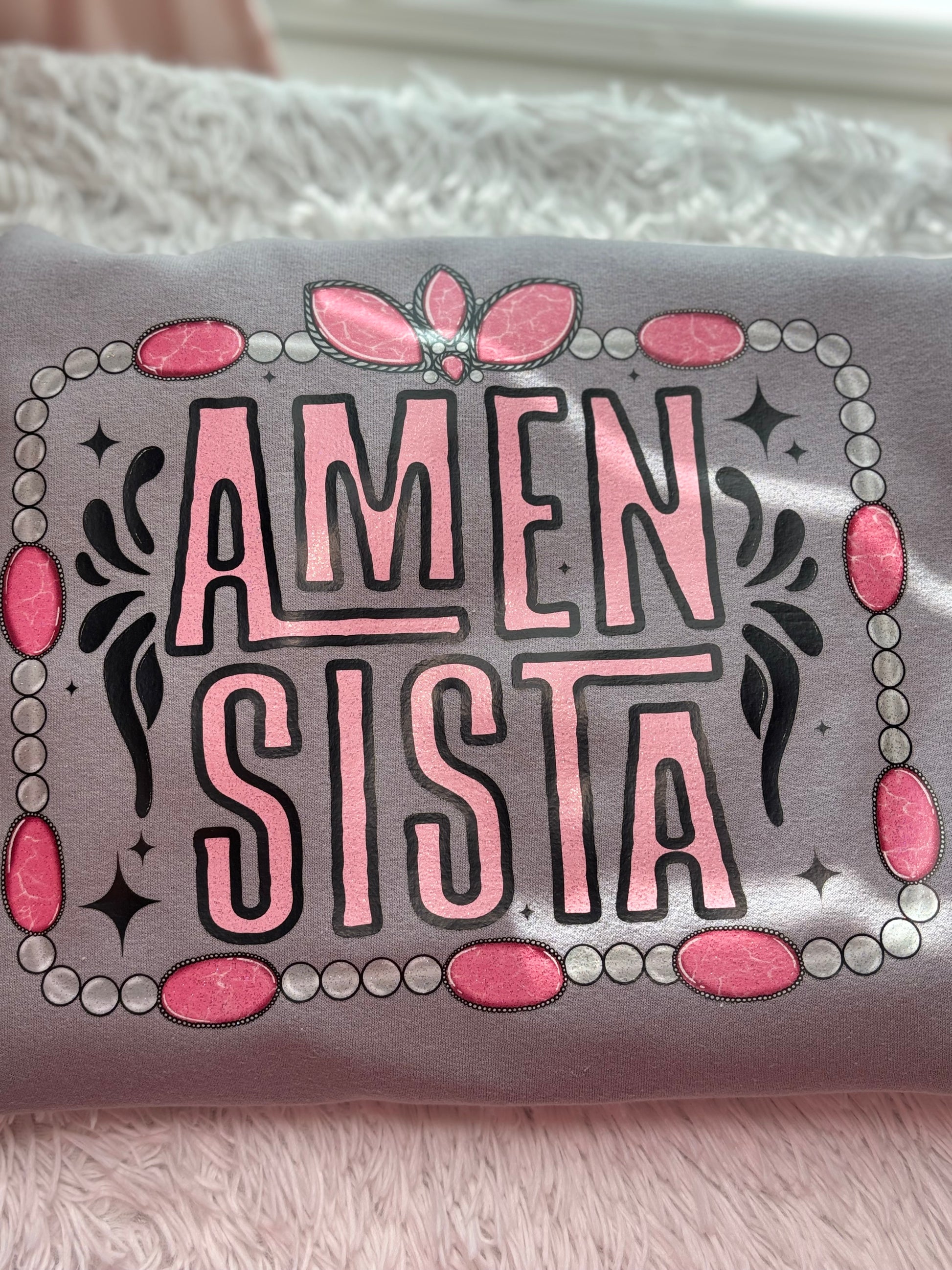 Gray sweatshirt with heat press glitter 'Amen Sista' text