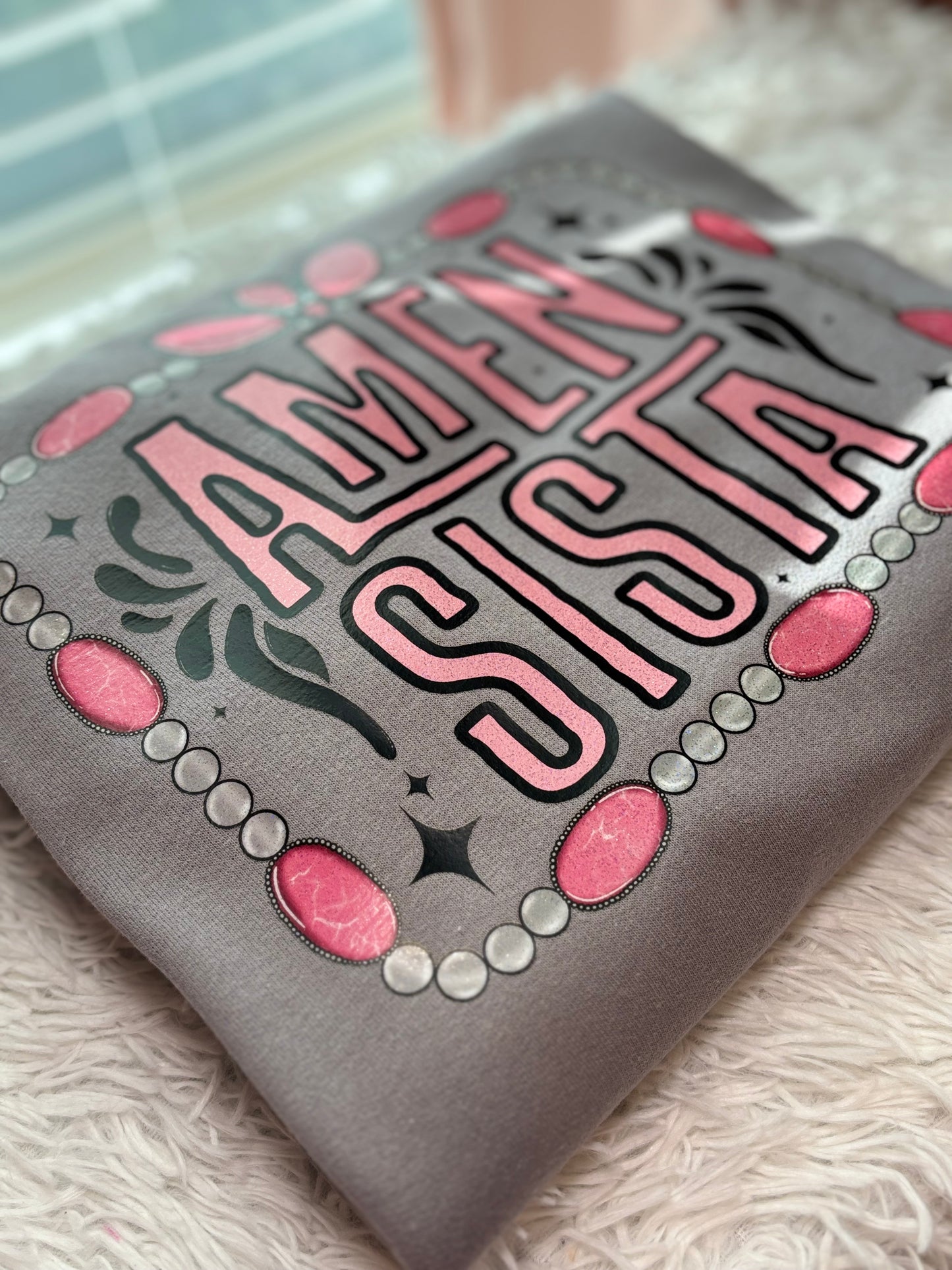 Gray sweatshirt with heat press glitter 'Amen Sista' text