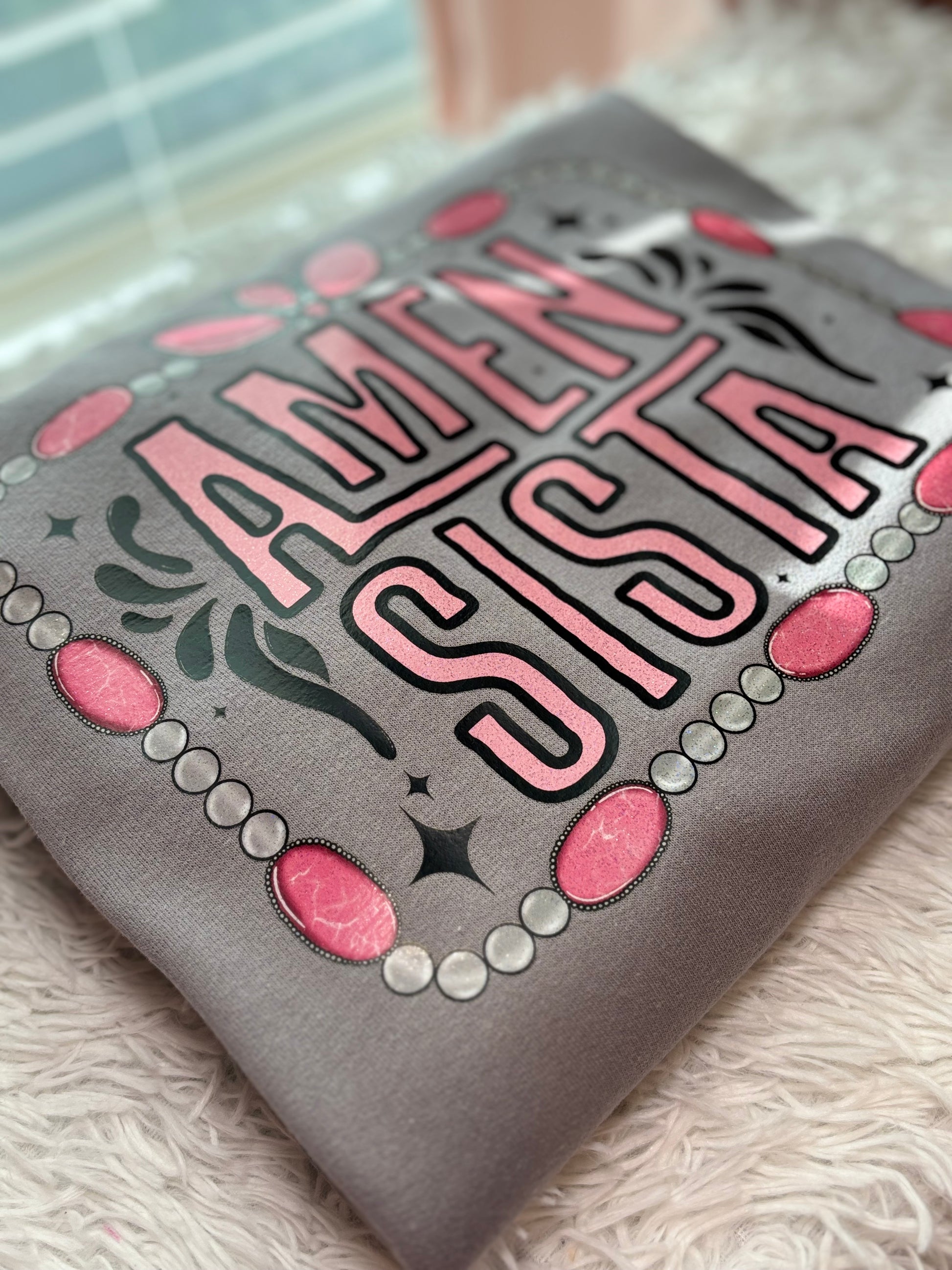 Gray sweatshirt with heat press glitter 'Amen Sista' text