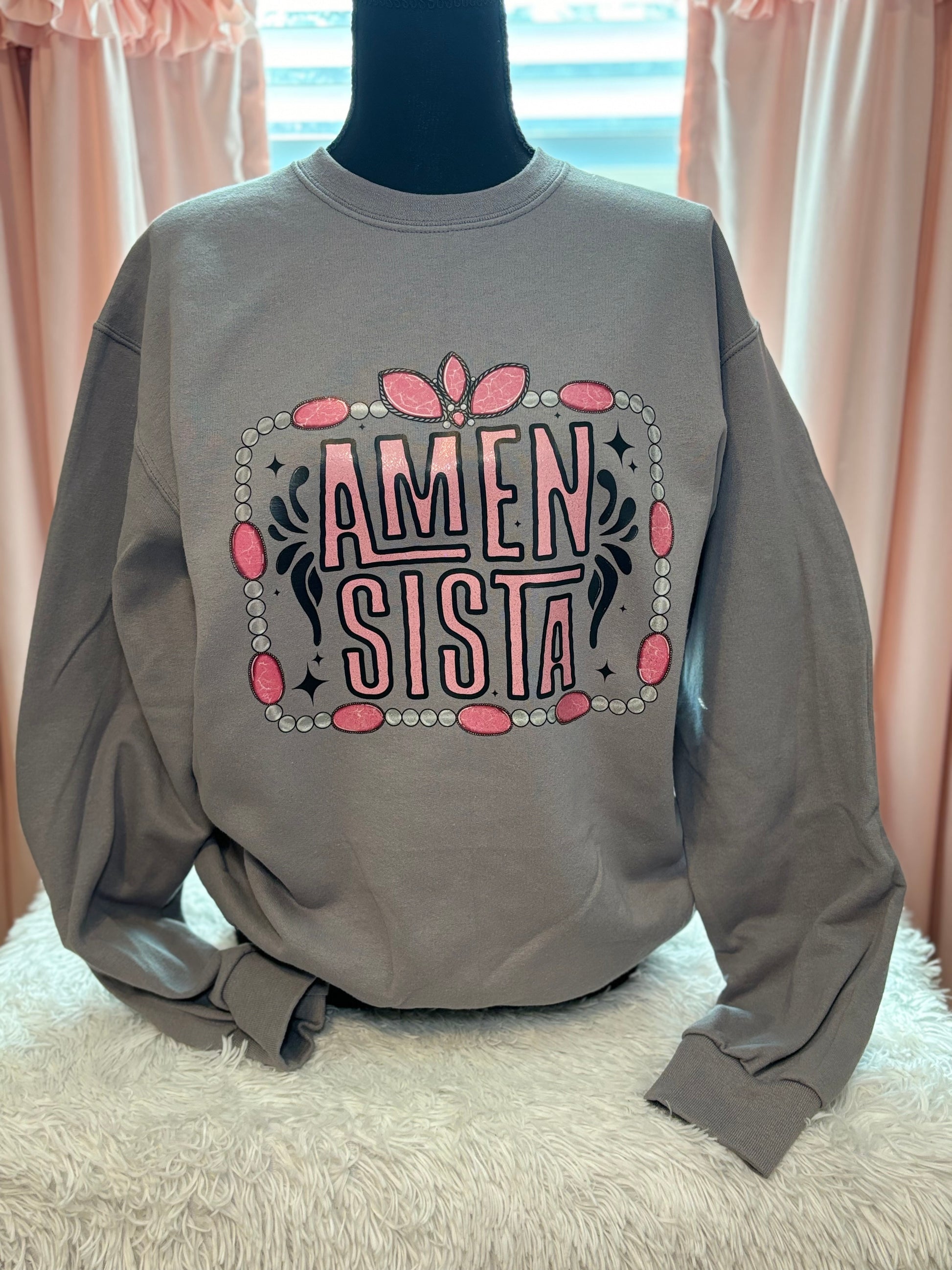 Gray sweatshirt with heat press glitter 'Amen Sista' text
