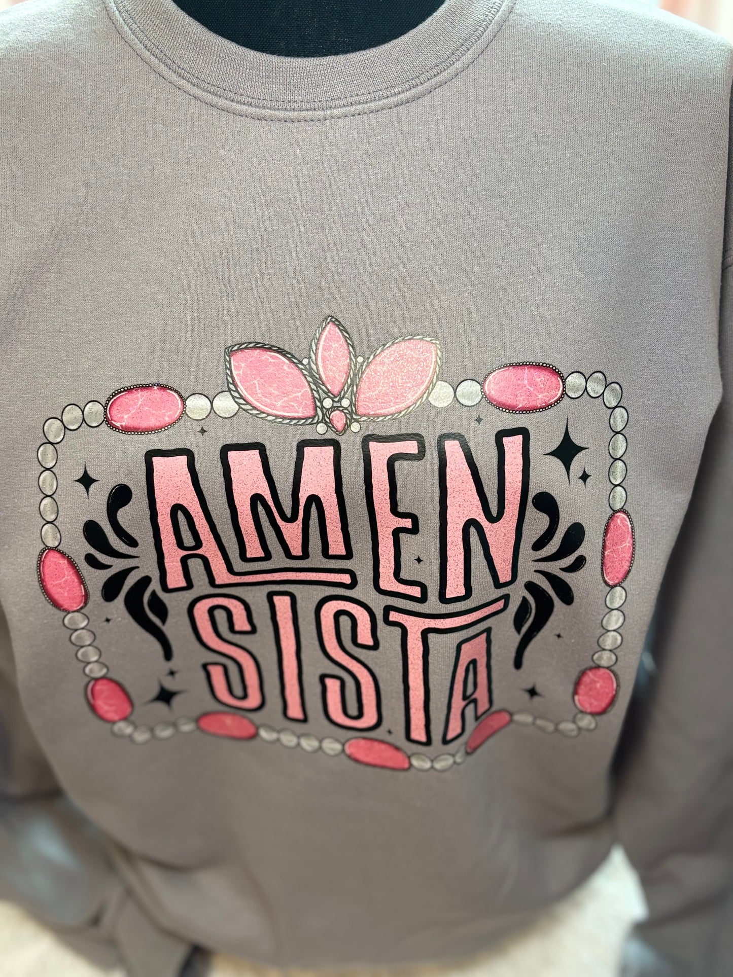 Gray sweatshirt with heat press glitter 'Amen Sista' text
