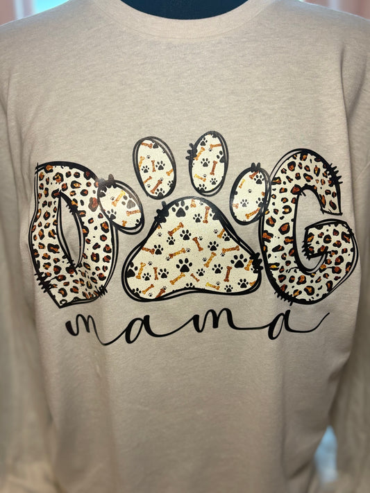 Beige heat press long-sleeve shirt with 'Dog Mama' design- leopard print