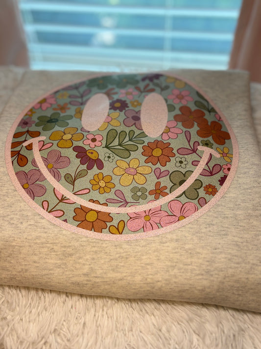 Heat press boho floral patterned face on an oatmeal heather sweatshirt