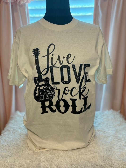Vintage white heat press t-shirt with 'Live Love Rock & Roll' text and guitar graphic