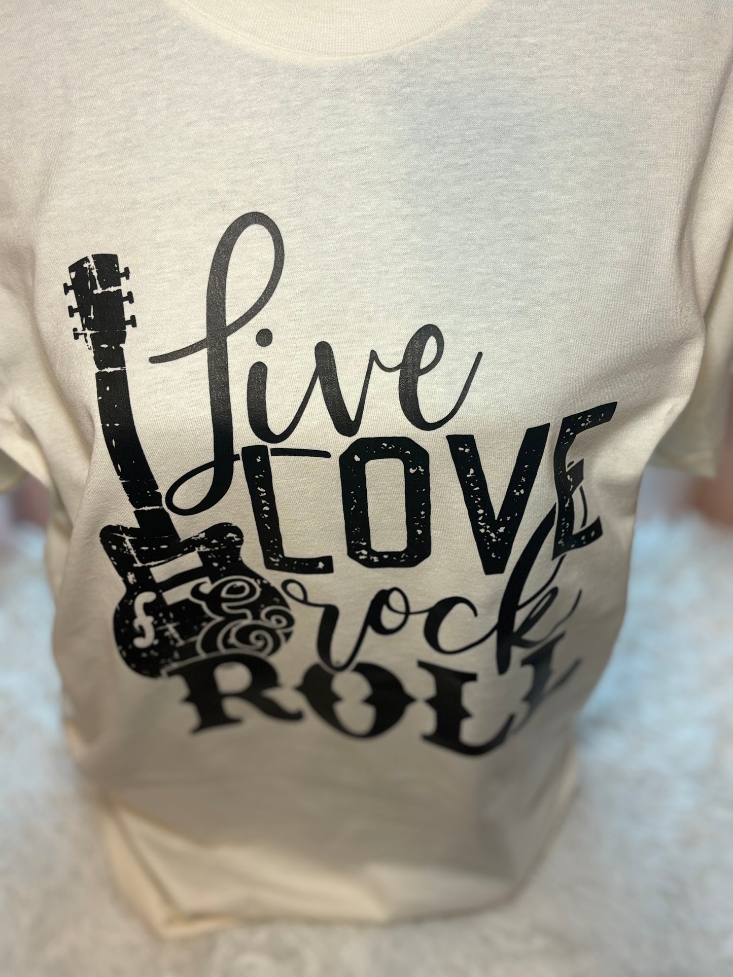 Vintage white heat press t-shirt with 'Live Love Rock & Roll' text and guitar graphic