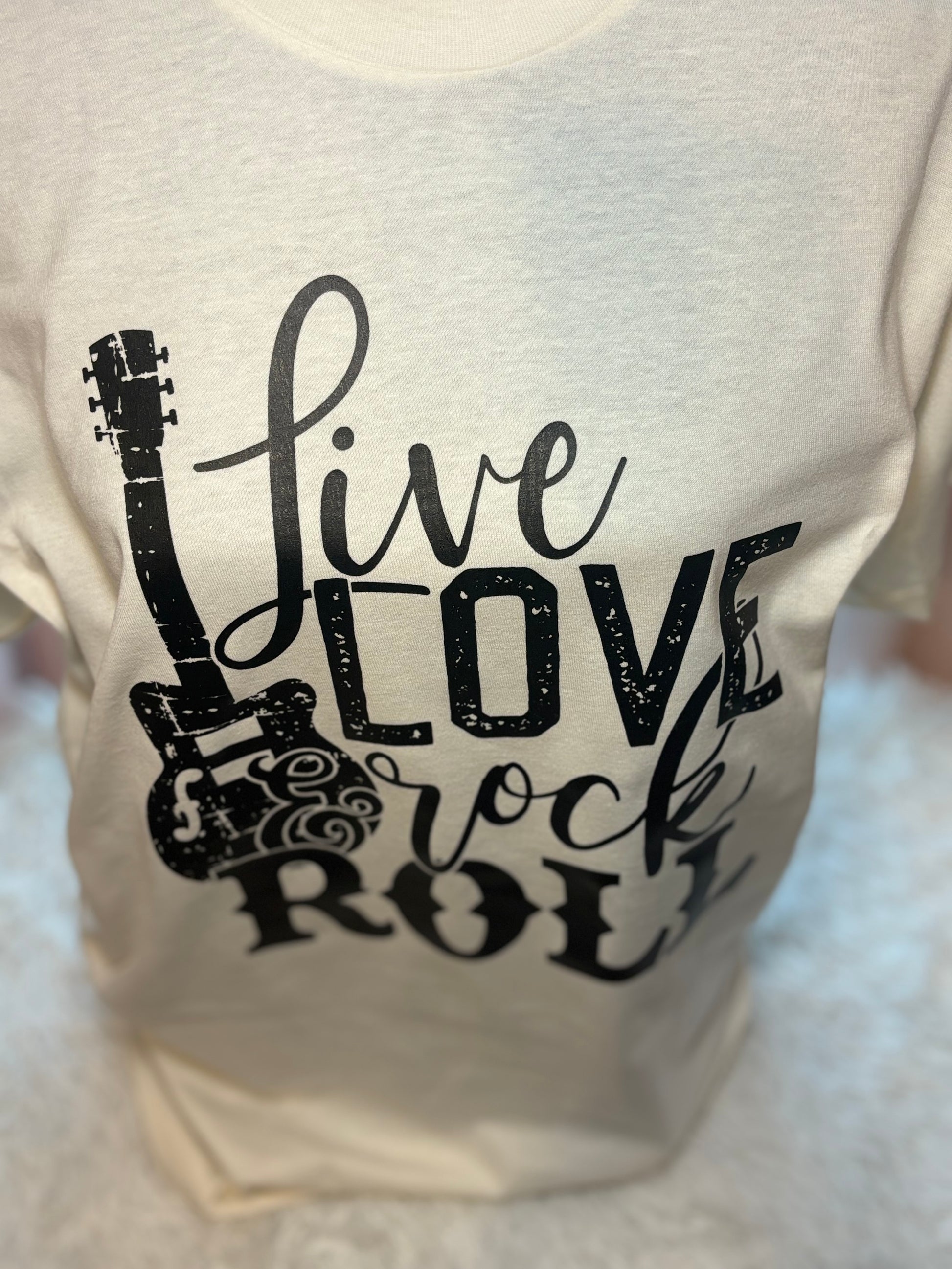 Vintage white heat press t-shirt with 'Live Love Rock & Roll' text and guitar graphic