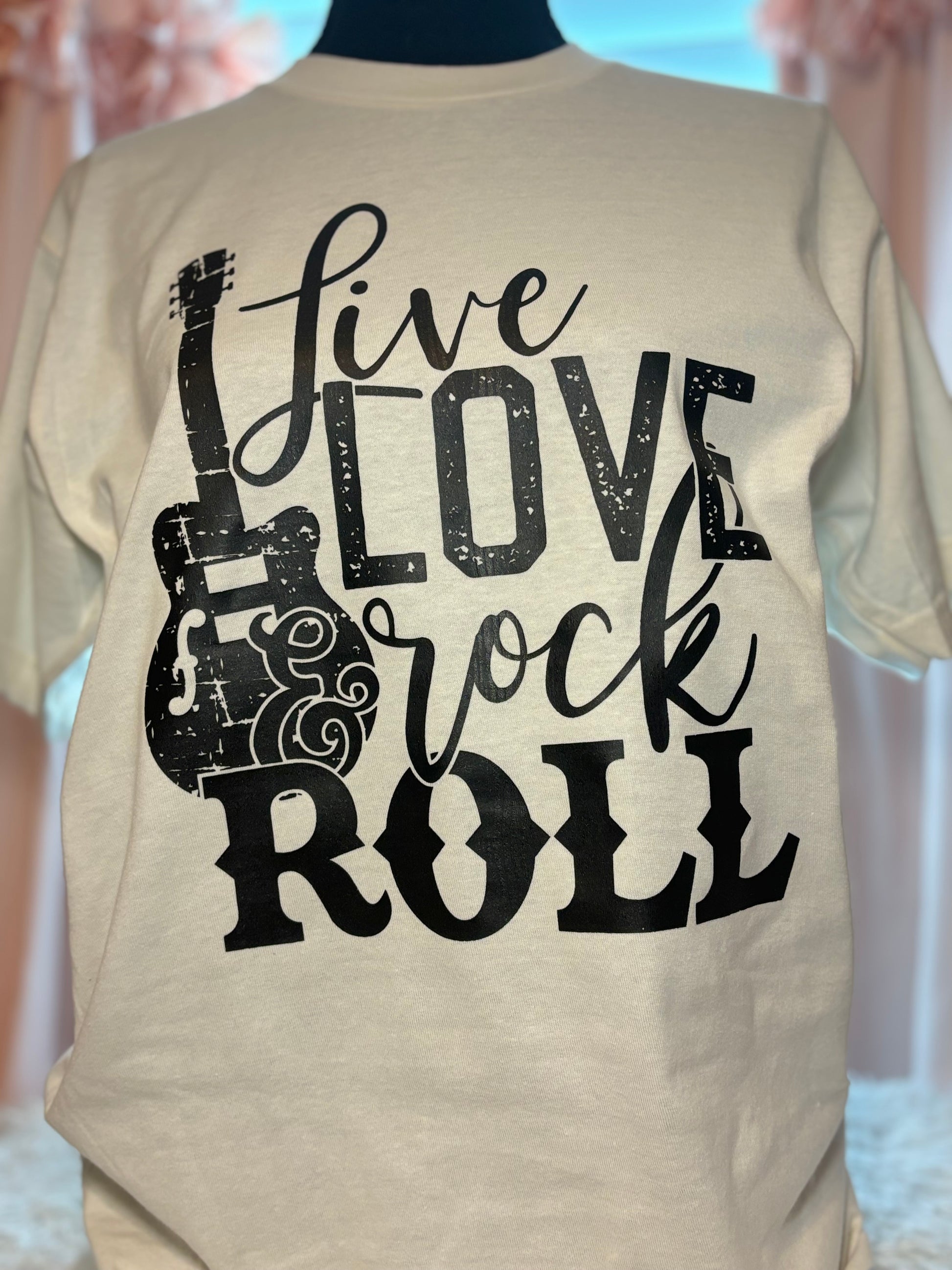 Vintage white heat press t-shirt with 'Live Love Rock & Roll' text and guitar graphic