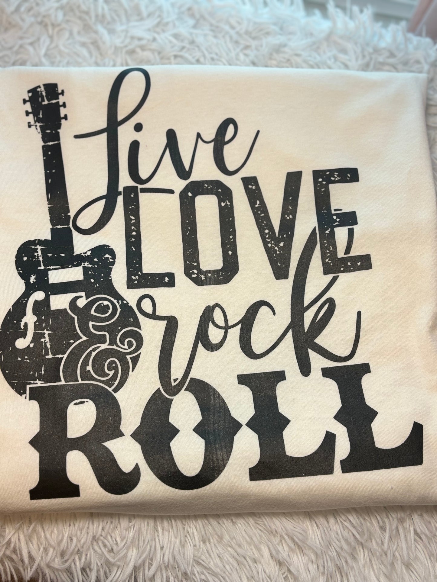 Vintage white heat press t-shirt with 'Live Love Rock & Roll' text and guitar graphic