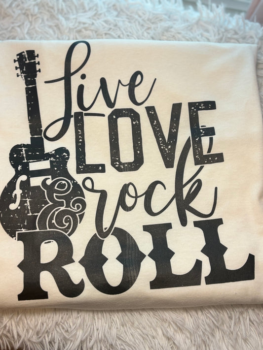 Vintage white heat press t-shirt with 'Live Love Rock & Roll' text and guitar graphic