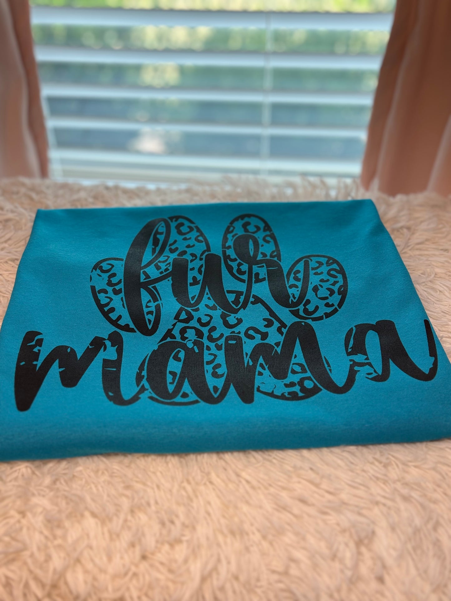 Blue heat press t-shirt with 'fur mama' text with leopard paw prink