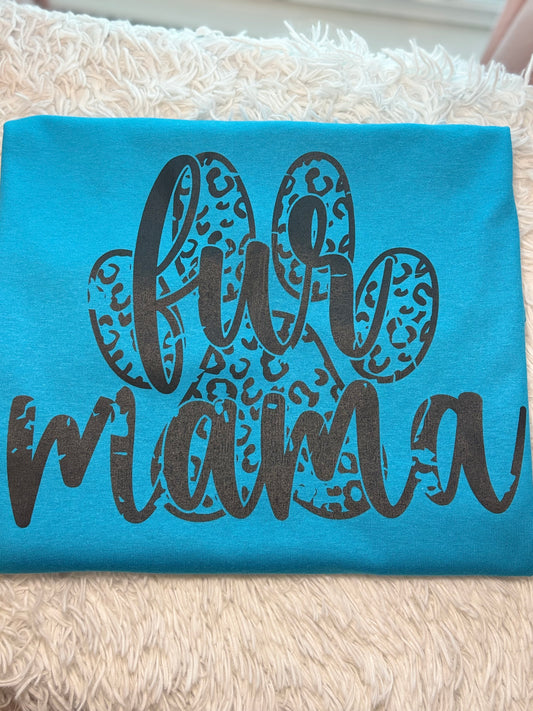 Blue heat press t-shirt with 'fur mama' text with leopard paw prink