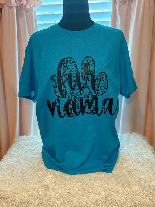 Blue heat press t-shirt with 'fur mama' text with leopard paw prink