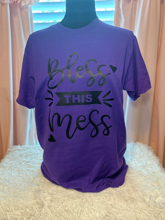 Purple heat press t-shirt with 'Bless This Mess' text in black