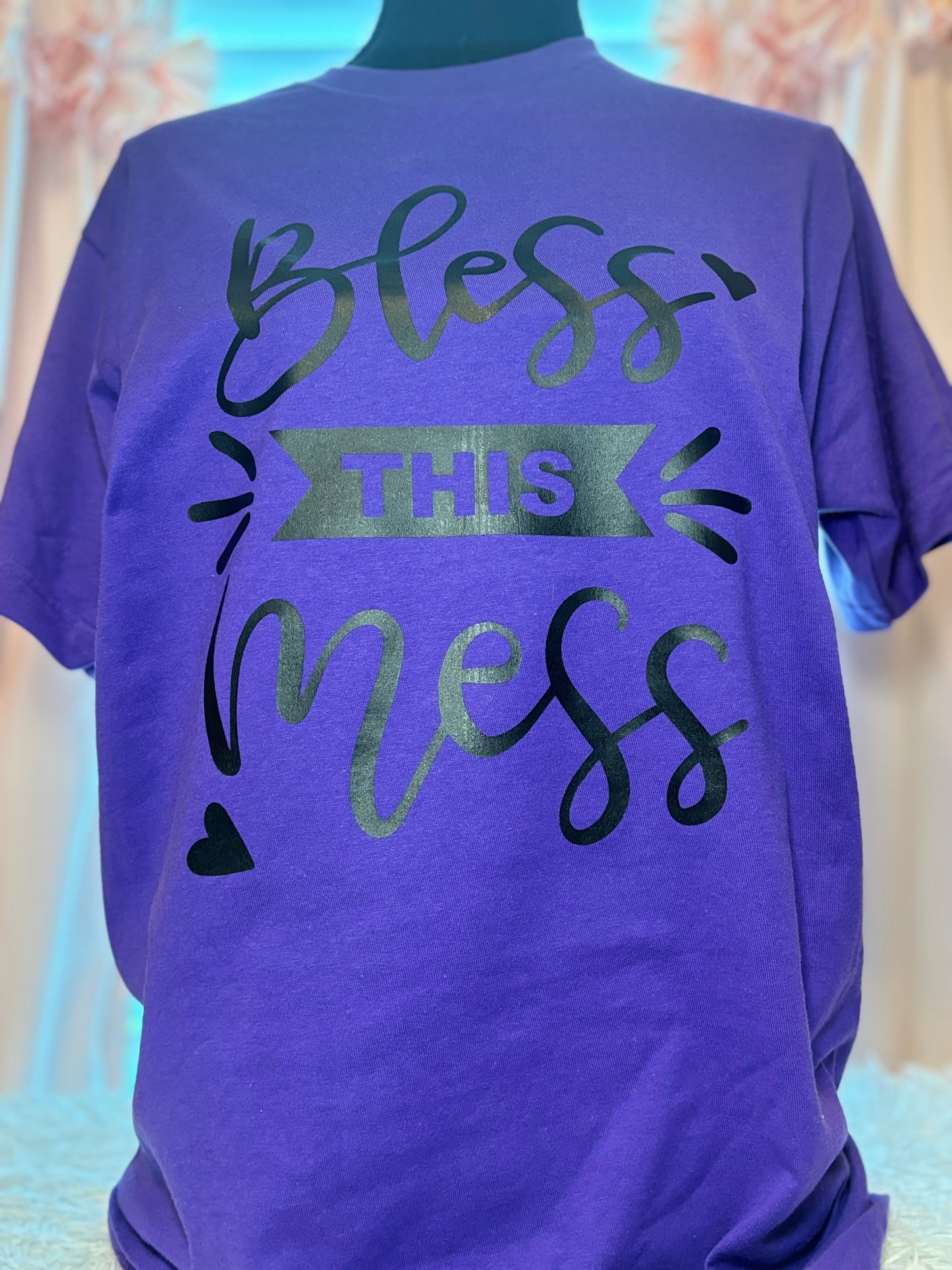Purple heat press t-shirt with 'Bless This Mess' text in black