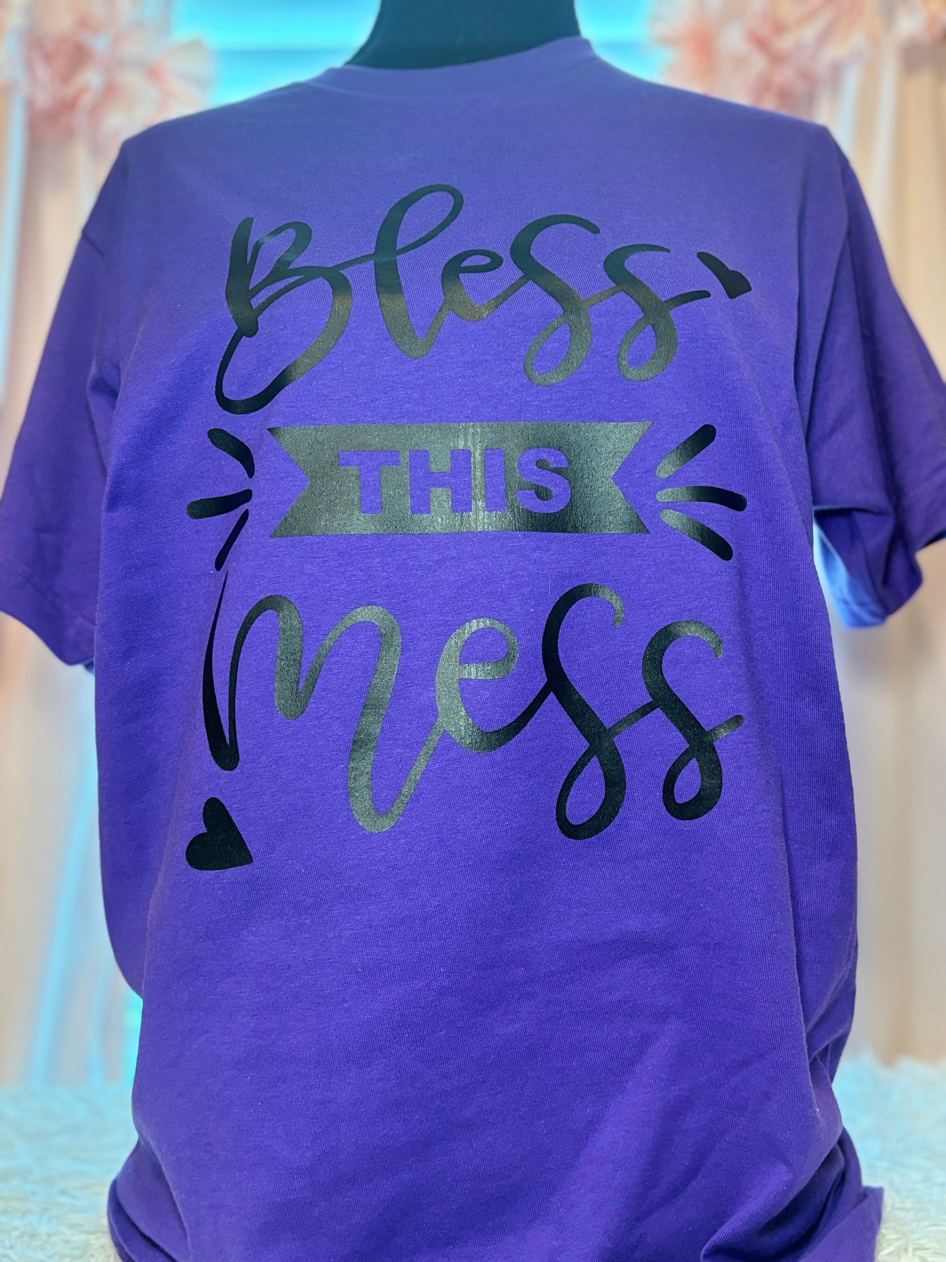 Purple heat press t-shirt with 'Bless This Mess' text in black