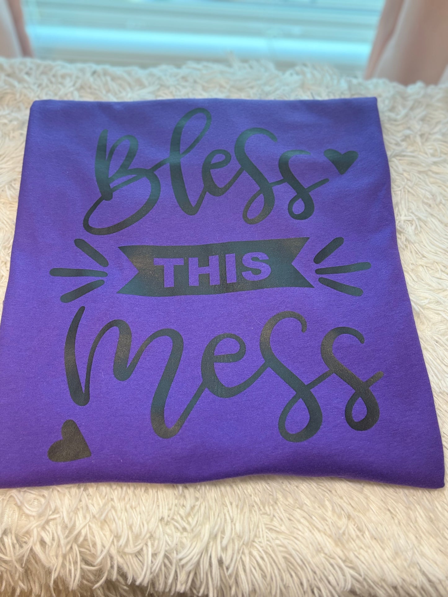 Purple heat press t-shirt with 'Bless This Mess' text in black