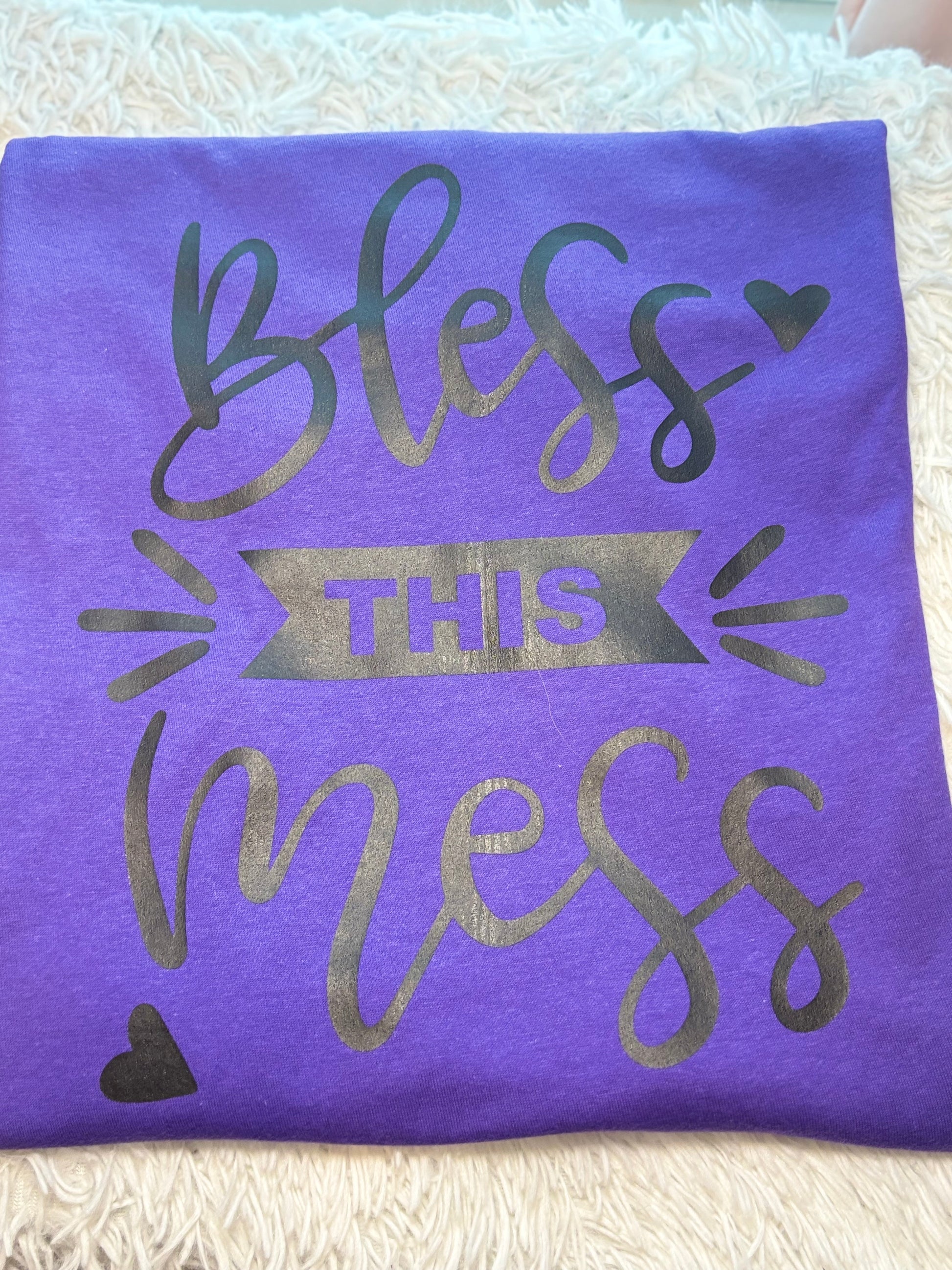 Purple heat press t-shirt with 'Bless This Mess' text in black