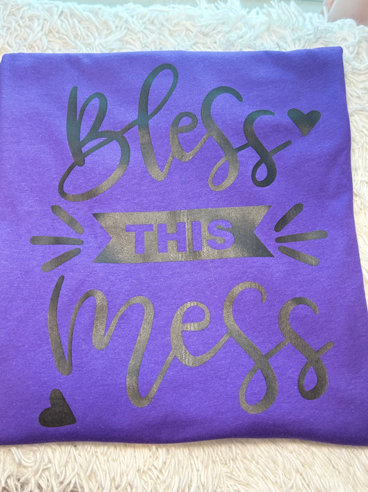 Purple heat press t-shirt with 'Bless This Mess' text in black