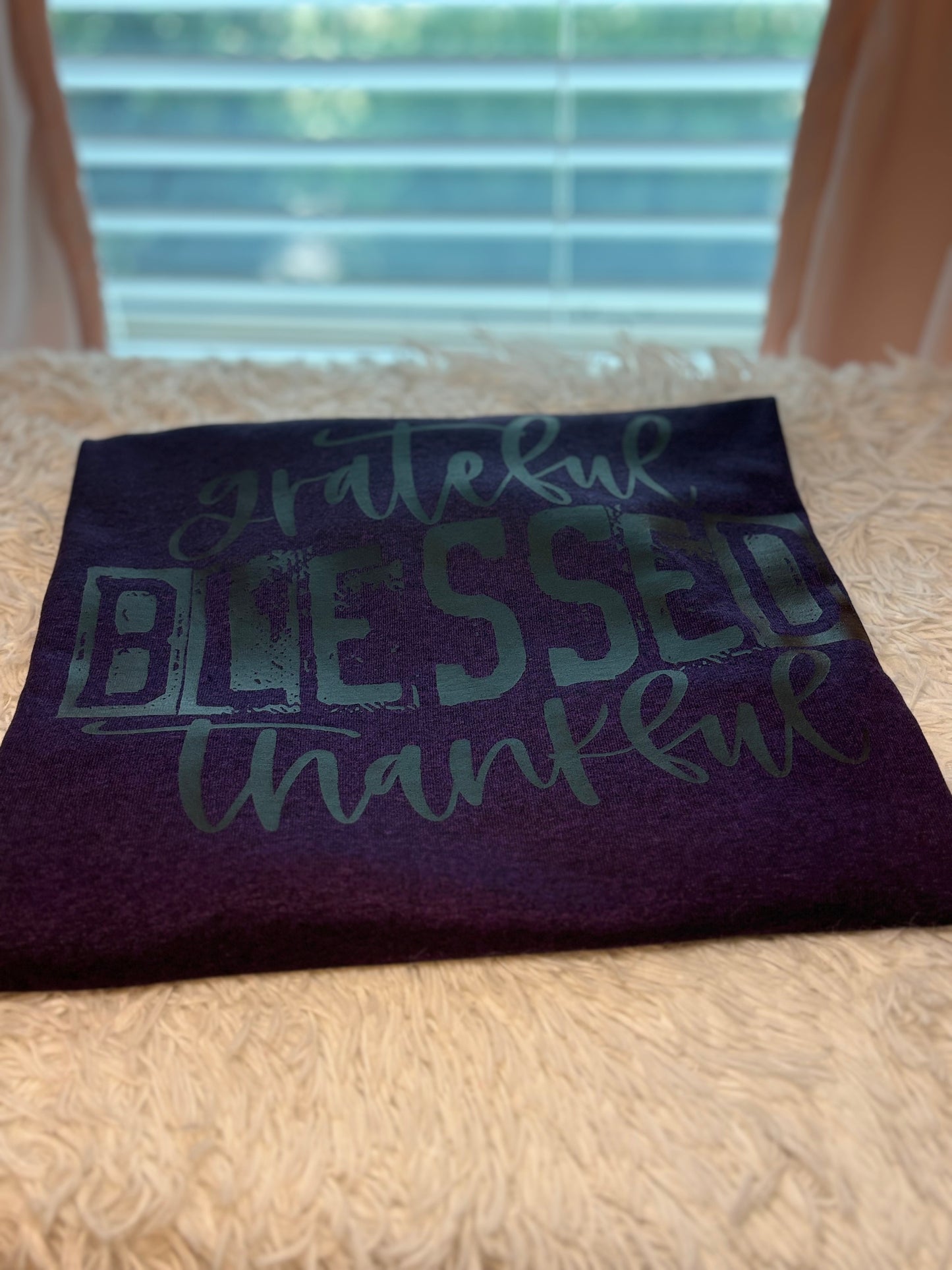 Purple heat press t-shirt with 'grateful blessed thankful' text in black