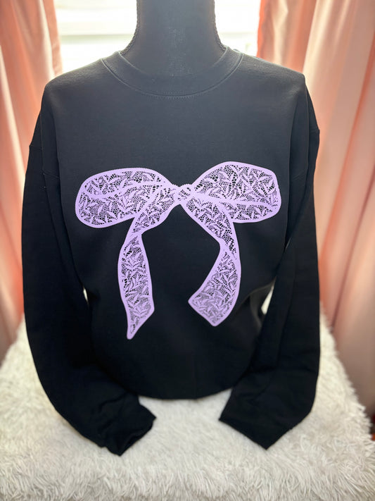 Black heat press sweatshirt with a purple lace bow design
