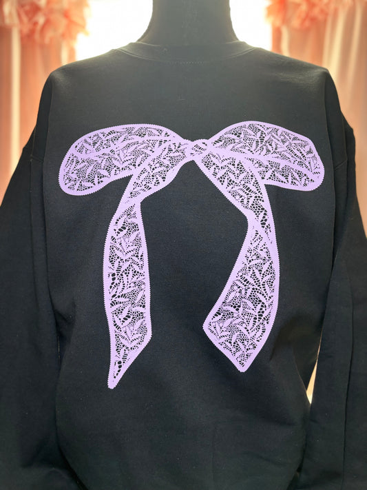 Black heat press sweatshirt with a purple lace bow design