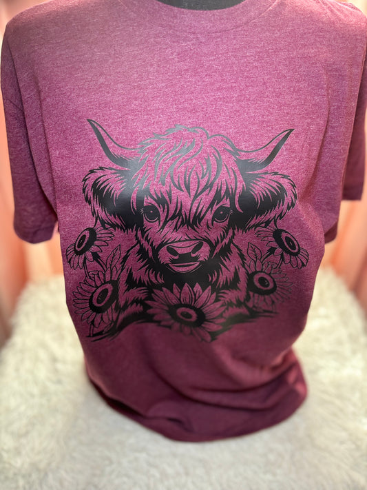 Heather maroon heat press t-shirt with black highland cow and sunflower design