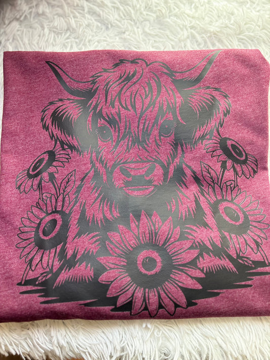 Heather maroon heat press t-shirt with black highland cow and sunflower design