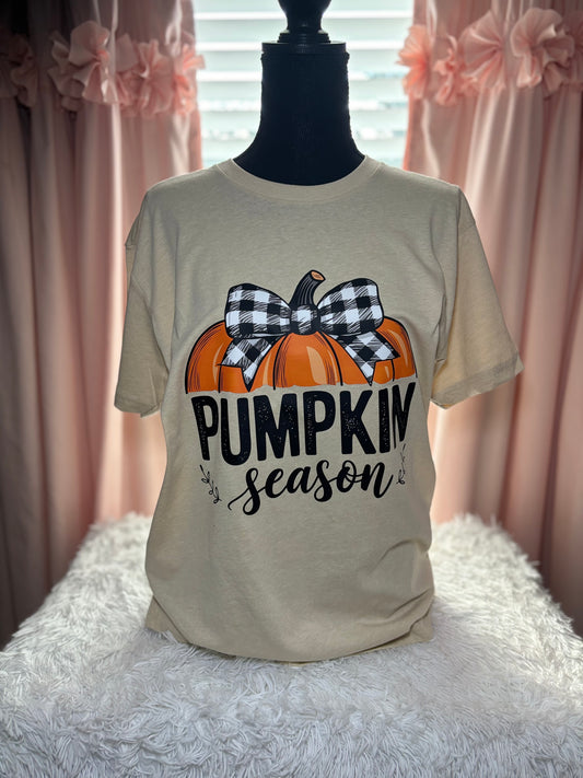 Beige t-shirt with heat press pumpkin design and 'Pumpkin Season' text