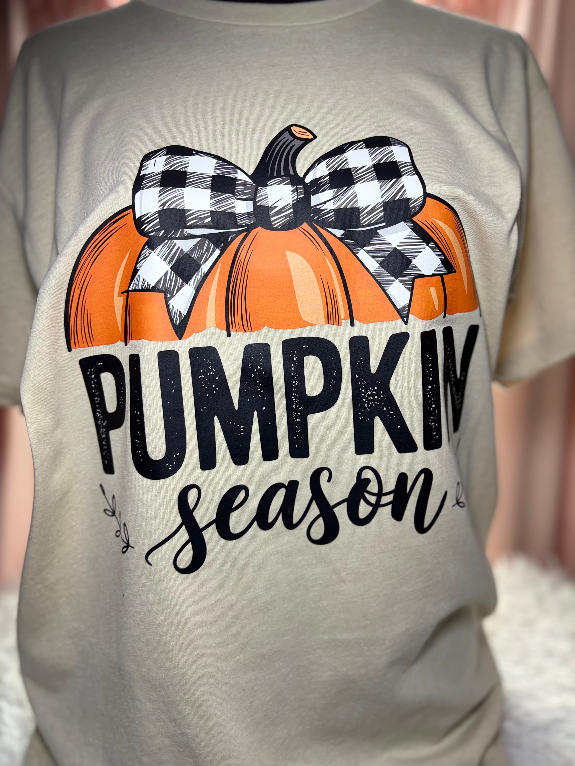 Beige t-shirt with heat press pumpkin design and 'Pumpkin Season' text