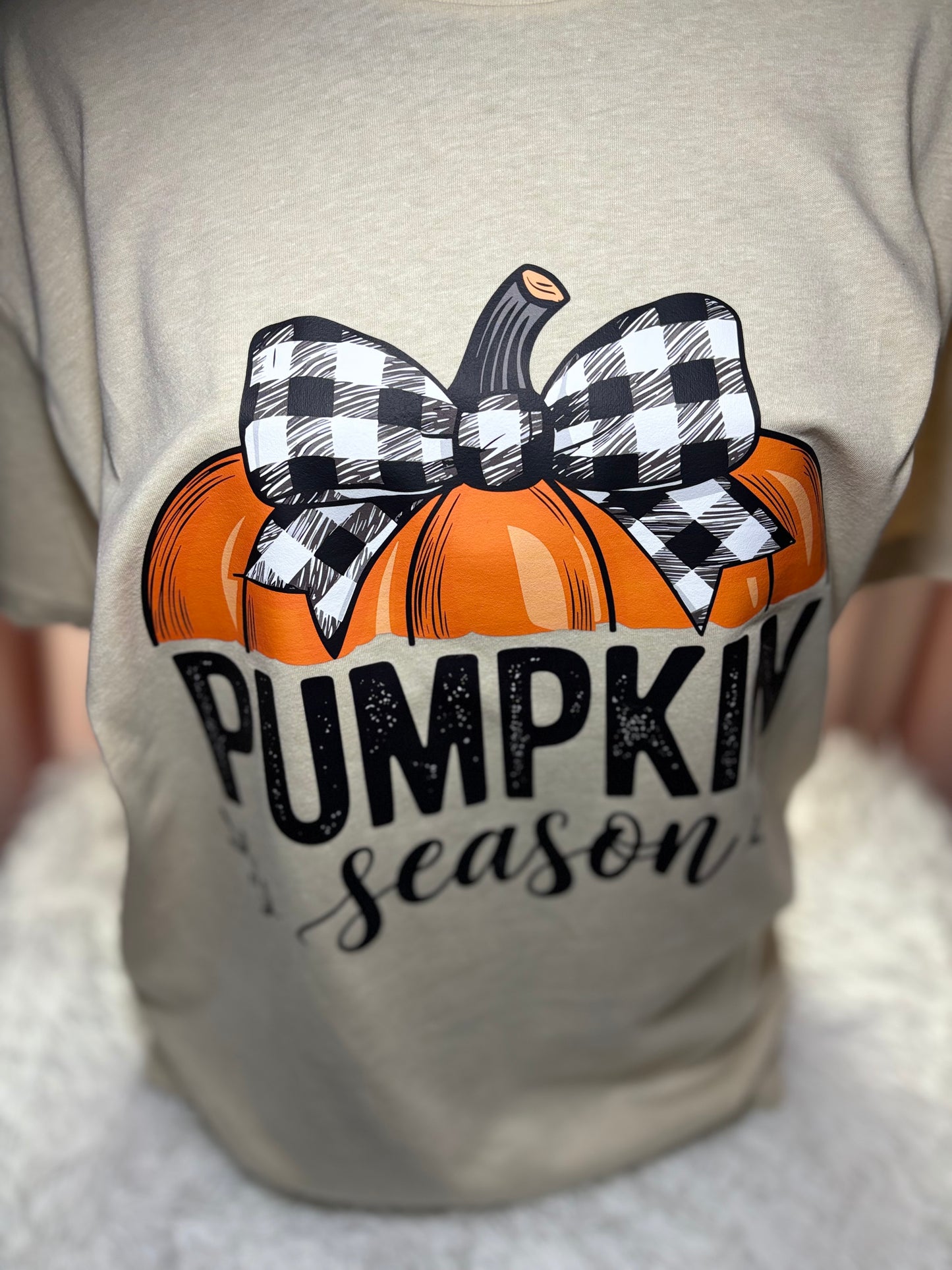 Beige t-shirt with heat press pumpkin design and 'Pumpkin Season' text