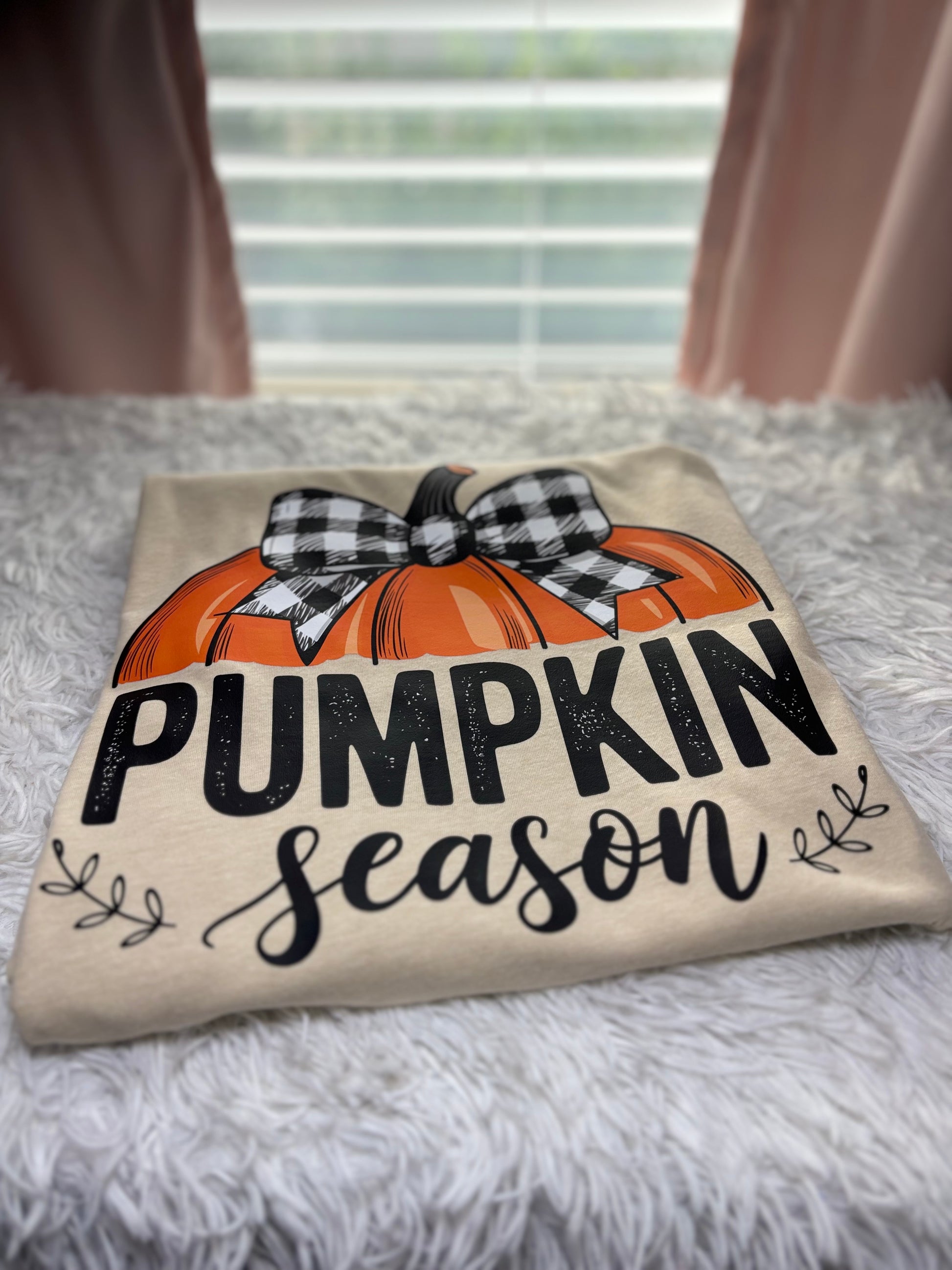 Beige t-shirt with heat press pumpkin design and 'Pumpkin Season' text