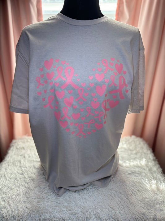 Light gray heat press t-shirt with pink hearts and breast cancer awareness ribbons