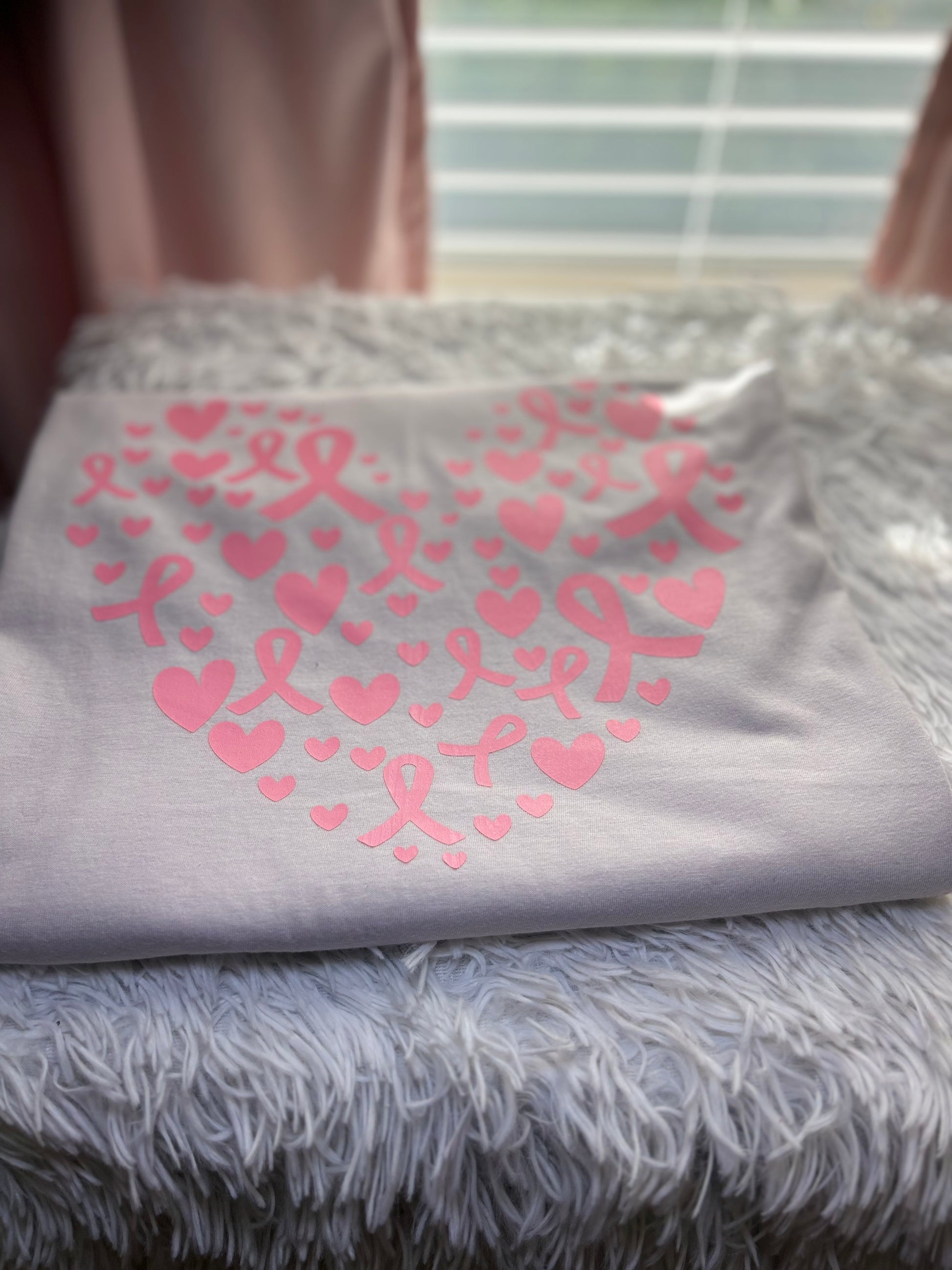 Light gray heat press t-shirt with pink hearts and breast cancer awareness ribbons