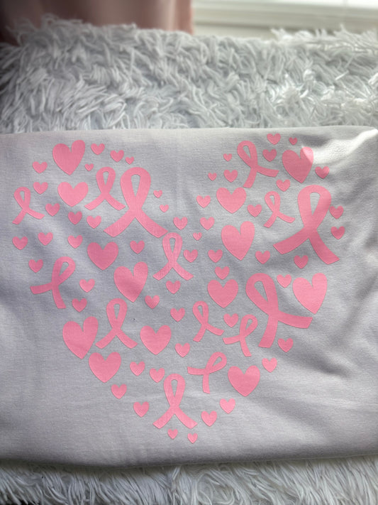 Light gray heat press t-shirt with pink hearts and breast cancer awareness ribbons