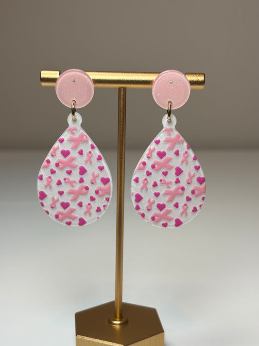 Post back teardrop-shaped earrings with pink and white pattern