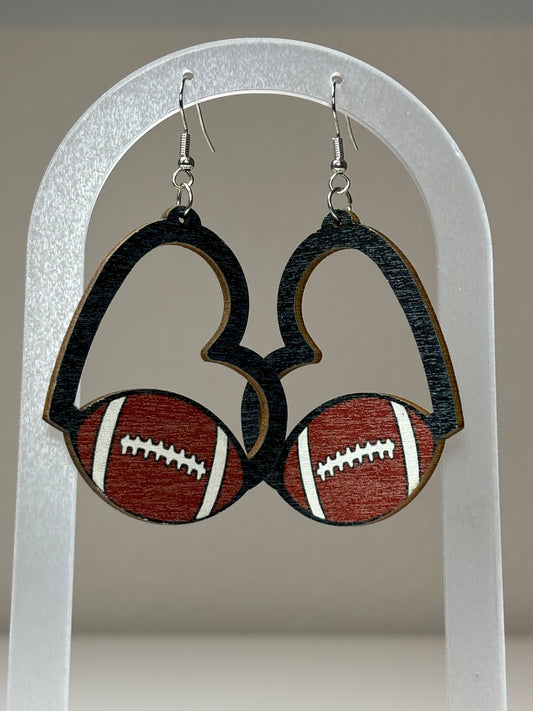 Wooden Hollow Heart Football Earrings