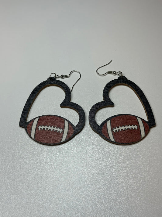 Wooden Hollow Heart Football Earrings