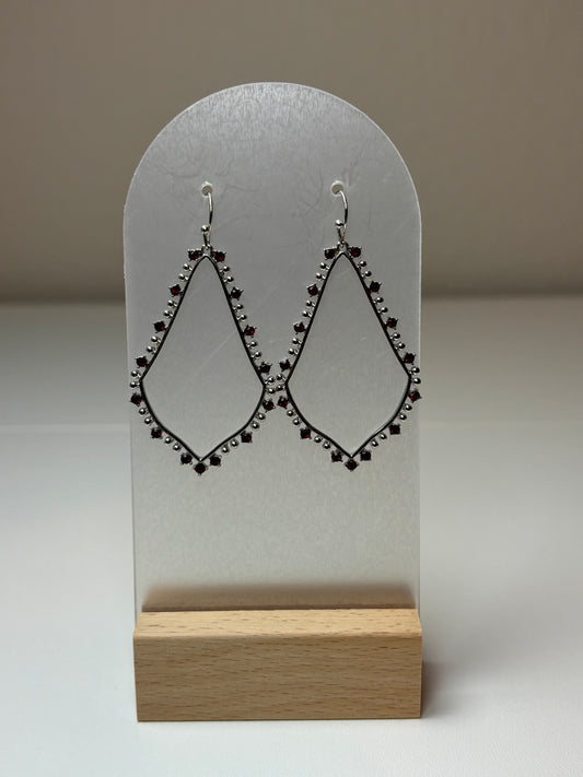 Silver Teardrop Earrings with Maroon Rhinestones