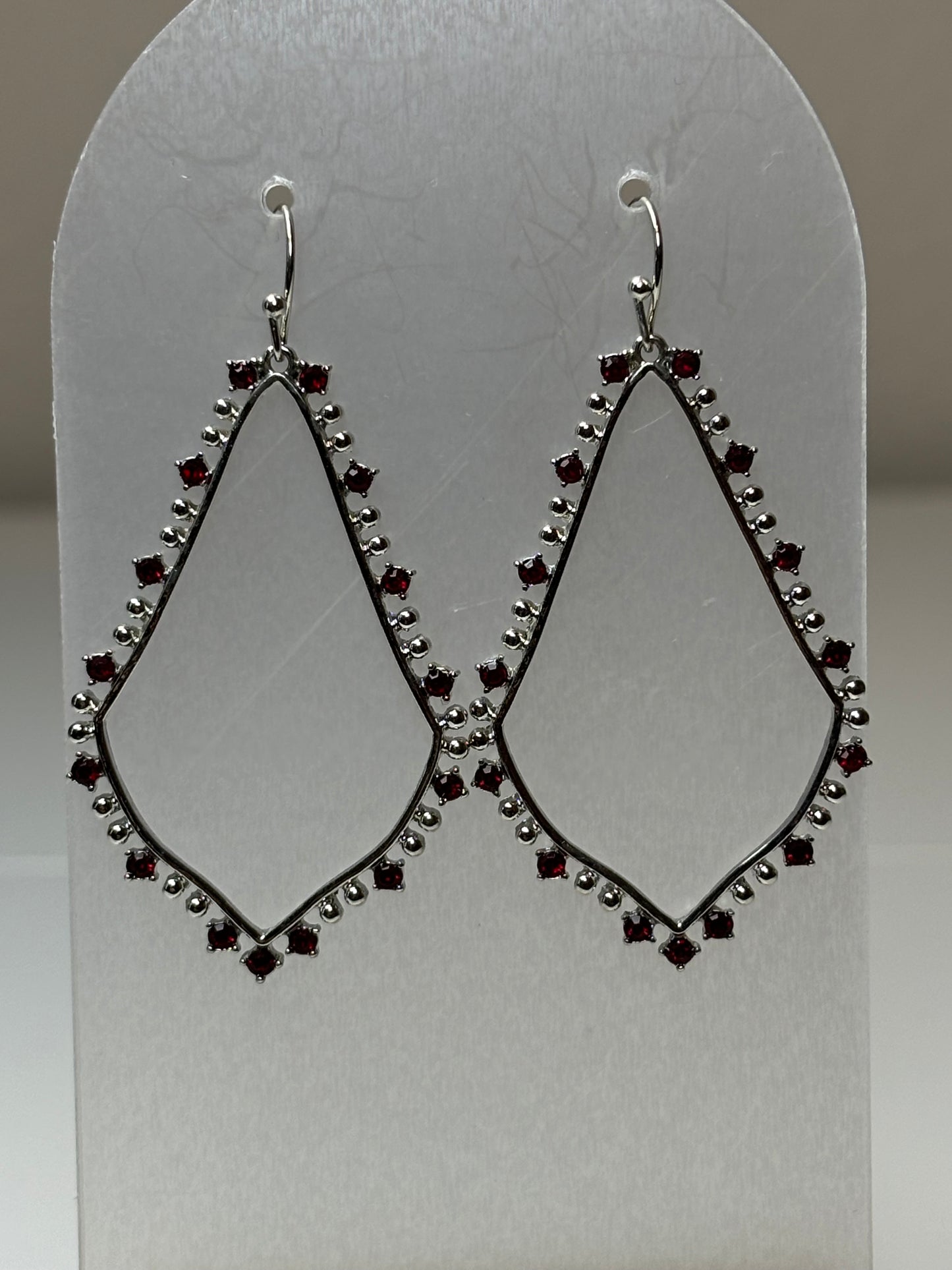 Silver Teardrop Earrings with Maroon Rhinestones