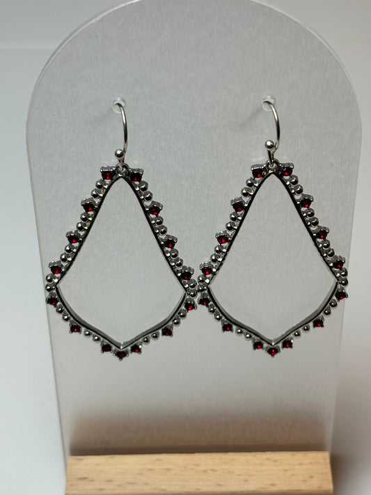 Silver Teardrop Earrings with Maroon Rhinestones